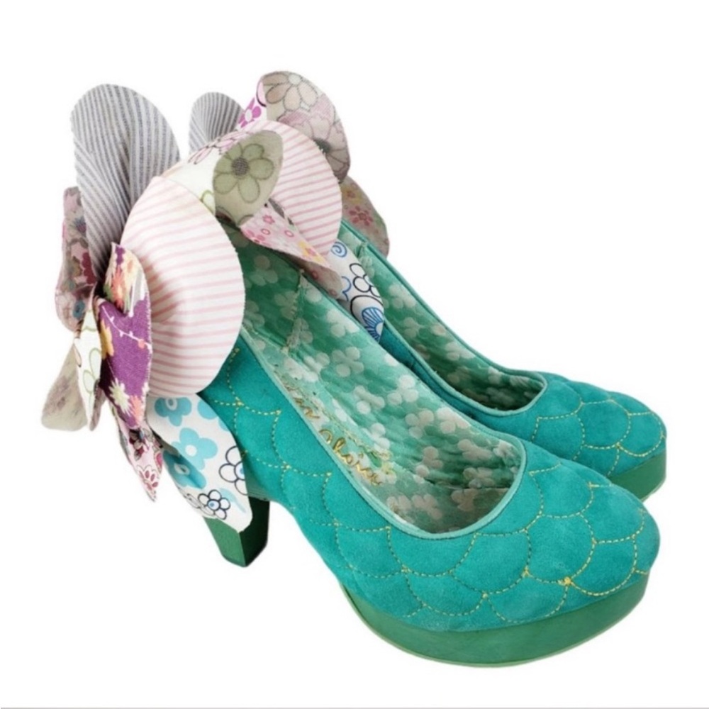 Irregular Choice Sweetie Bird Quilted Floral Suede Platform Heels Teal size EU38